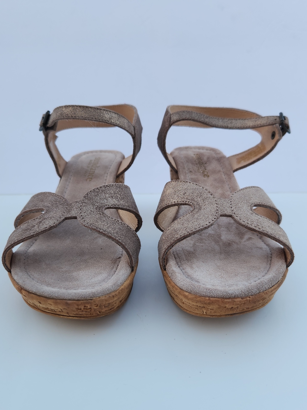 Sundance Metallic Taupe Ankle Strap Suede Leather Cork Wedge - Picture 6 of 13